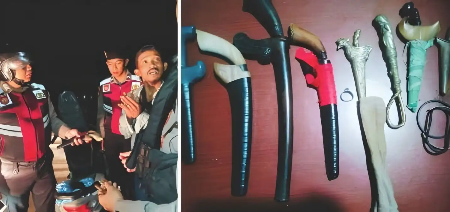 Pria Misterius Dibekuk Polisi setelah Terbukti Membawa Tiga Badik dan Lima Keris, Mengaku Sebagai Dukun di Pagelaran Utara Pringsewu