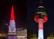 Penerangan Meriah di Menara Burj Khalifa Dubai Uni Emirat Arab untuk Memperingati HUT ke-78 RI dengan Warna Merah Putih