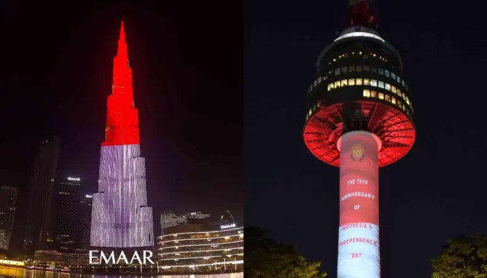 Penerangan Meriah di Menara Burj Khalifa Dubai Uni Emirat Arab untuk Memperingati HUT ke-78 RI dengan Warna Merah Putih