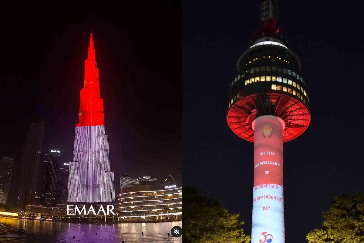 Ikut Meriahkan HUT ke-78 RI, Menara Burj Khalifa Dubai Uni Emirat Arab Menyala Merah Putih