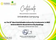 Unila Raih Posisi Ke-12 dalam Ranking Perguruan Tinggi Berkelanjutan Terbaik di Indonesia Menurut UI Greenmetric Tahun 2023