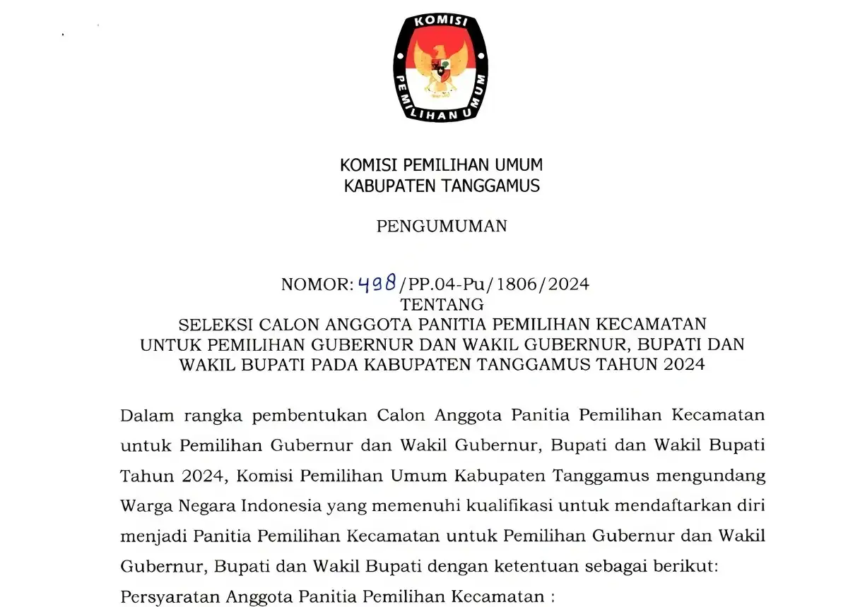 Sambut Pilkada 2024, KPU Tanggamus Buka Pendaftaran Seleksi Calon PPK, ini Syaratnya