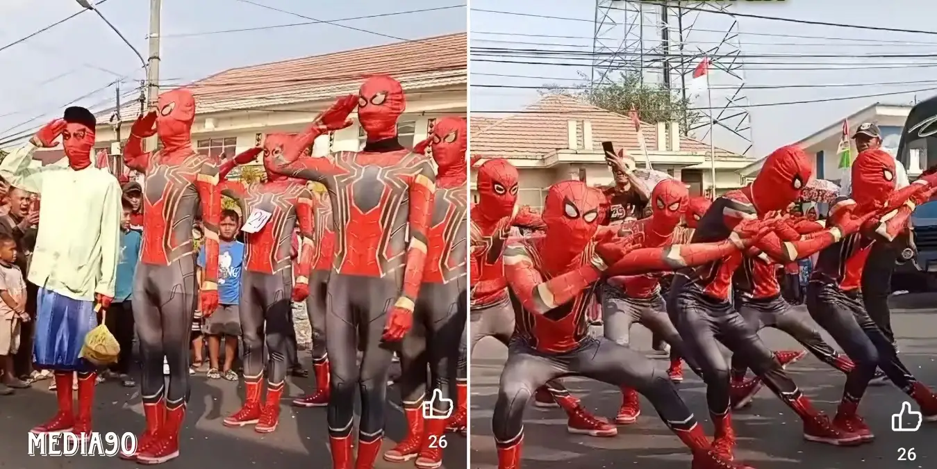 Unik! Pemuda Pekon Negeri Agung Tanggamus ikut Lomba Gerak Jalan HUT ke-79 RI Berkostum Spiderman