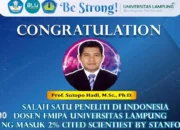 Prof. Sutopo dari FMIPA Unila Terima Penghargaan sebagai Peneliti Terbaik 2 Persen di Dunia