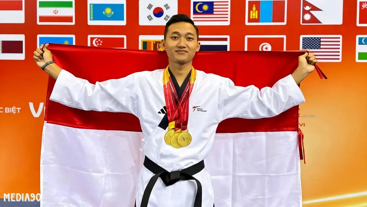 Anggota Polres Pesisir Barat Bripda M. Rizky Borong Tiga Medali Emas di Kejuaraan Internasional Taekwondo di Vietnam