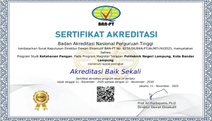 MTKP Polinela Raih Akreditasi “Baik Sekali”, Perkuat Peran dalam Pembangunan Ketahanan Pangan