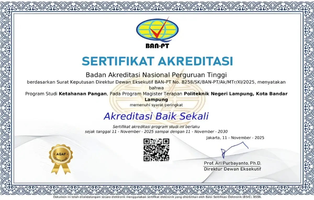 Magister Ketahanan Pangan Polinela Kantongi Predikat BAIK SEKALI dari BAN-PT