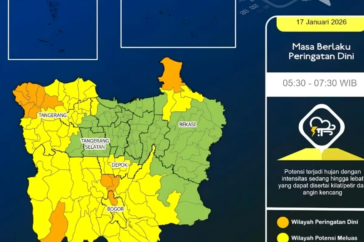 BMKG Keluarkan Peringatan Dini 17 Januari: Jabodetabek Diguyur Hujan & Petir Pagi Ini