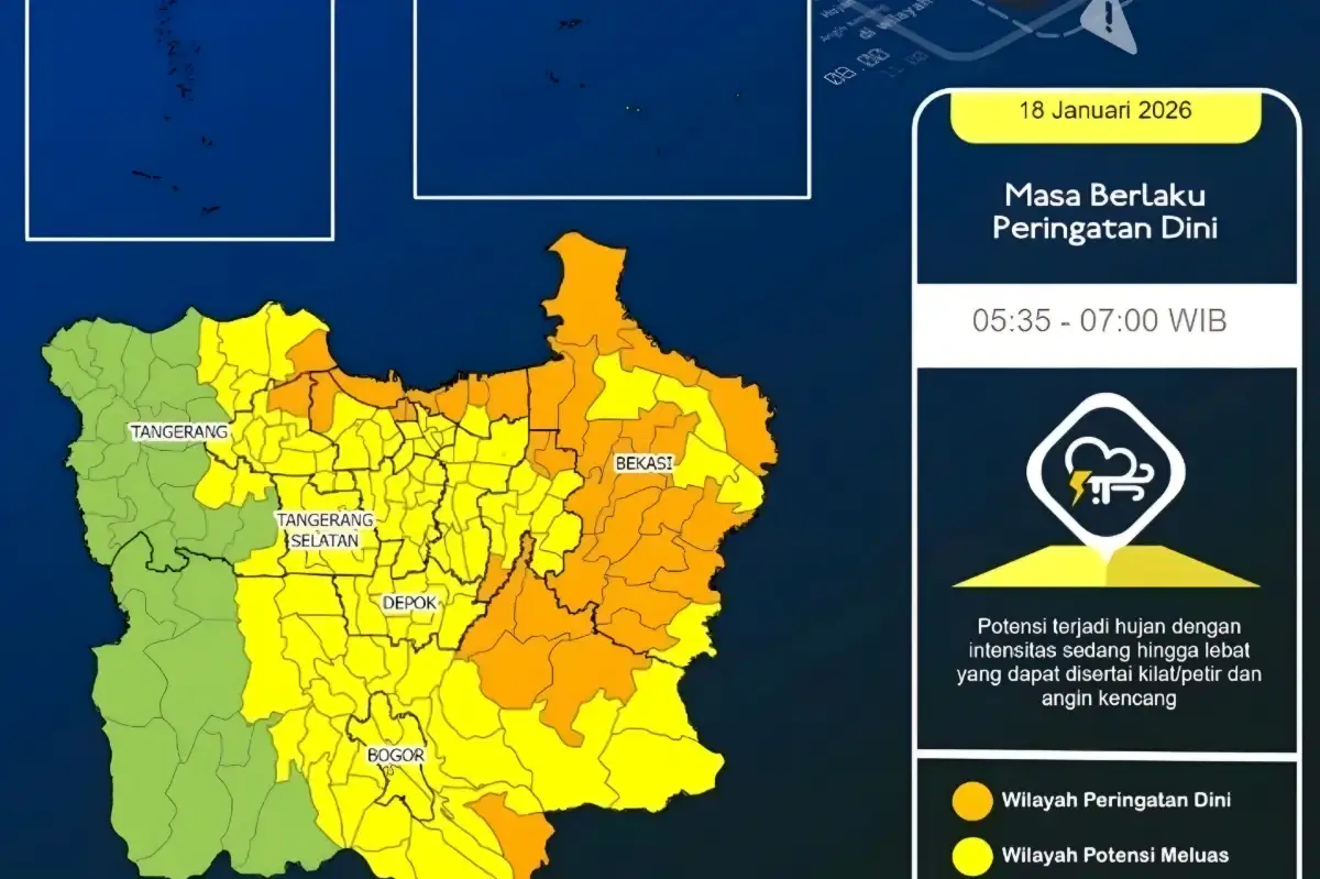 Peringatan Cuaca Jabodetabek Hari Ini: Potensi Hujan Lebat, Petir, dan Angin Kencang di Pagi Hari