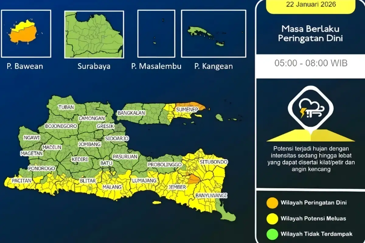 Waspada Jawa Timur! Hujan Lebat Disertai Petir Diprediksi Guyur Puluhan Daerah Pagi Ini