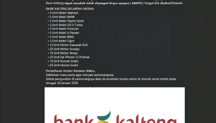 Waspada Tautan Undian Palsu Mengatasnamakan Bank Kalteng, Ini Imbauan Resminya