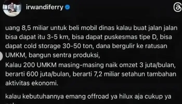 Ferry Irwandi Soroti Anggaran Mobil Dinas Rp8,5 Miliar, Dinilai Bisa Dorong Ekonomi Rakyat