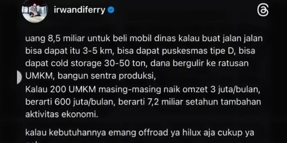 Anggaran Mobil Dinas Rp8,5 M Disorot Ferry Irwandi, Dinilai Lebih Bermanfaat untuk Infrastruktur dan UMKM