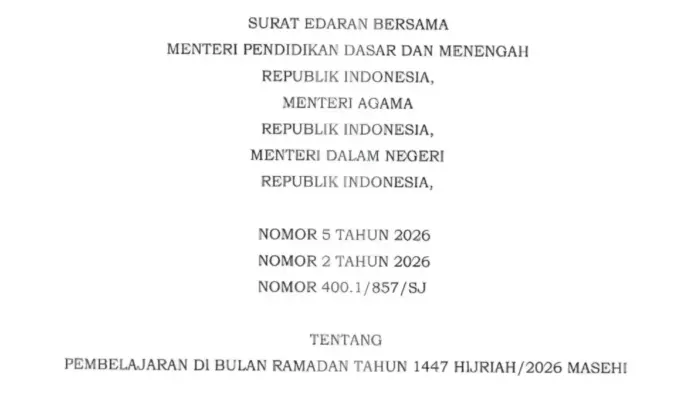 SEB 3 Menteri Atur Pembelajaran Ramadan 1447 H/2026, Ini Jadwal dan Ketentuannya