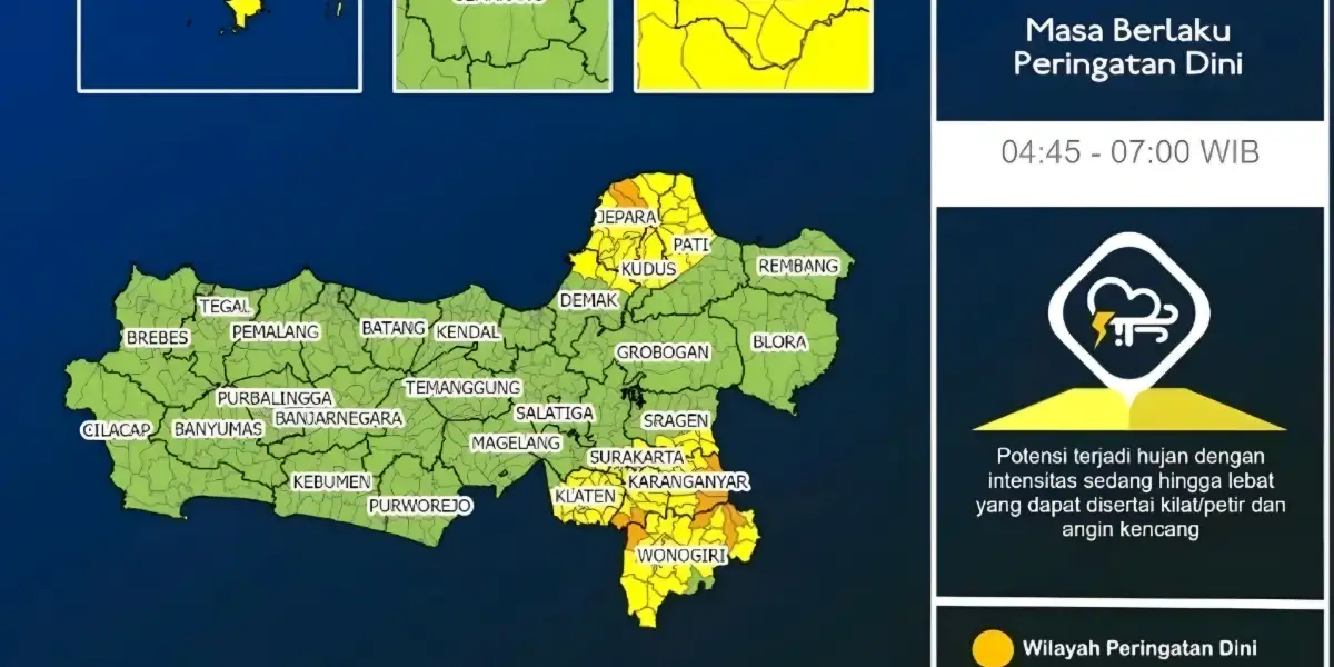 Pagi Ini Jawa Tengah Diguyur Hujan Lebat Disertai Petir, Ini Daftar Wilayah Terdampak