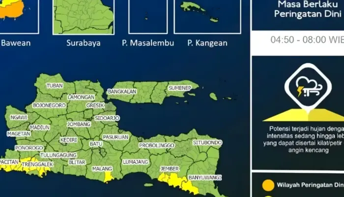 Peringatan Dini Cuaca Jawa Timur 13 Februari 2026: Hujan Lebat, Petir, dan Angin Kencang Diprediksi Melanda Sejumlah Wilayah