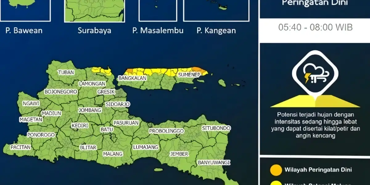 Prakiraan Cuaca Jawa Timur Pagi Ini: Hujan Lebat Berpotensi Disertai Petir Hingga Surabaya