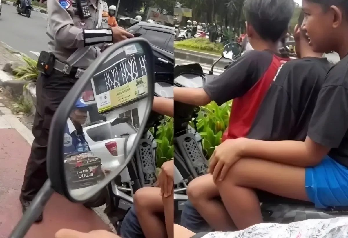Berani Banget Tiga Anak Nekat Naik Motor Tanpa Helm di Lampu Merah Langsung Dihentikan Polisi