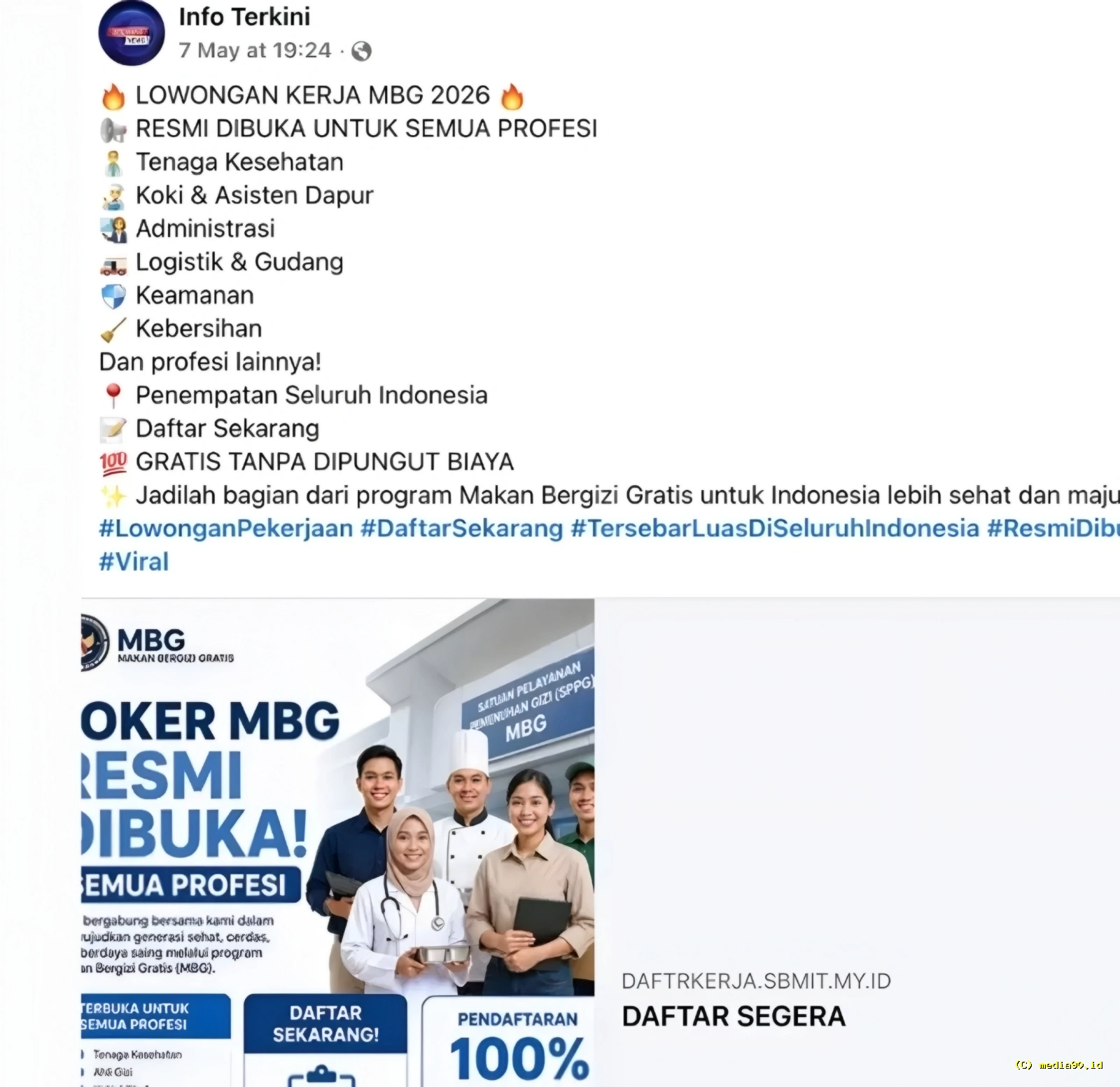 Awas Salah Klik! Lowongan Kerja Program MBG 2026 di Facebook Diduga Mengarah ke Situs Tidak Resmi